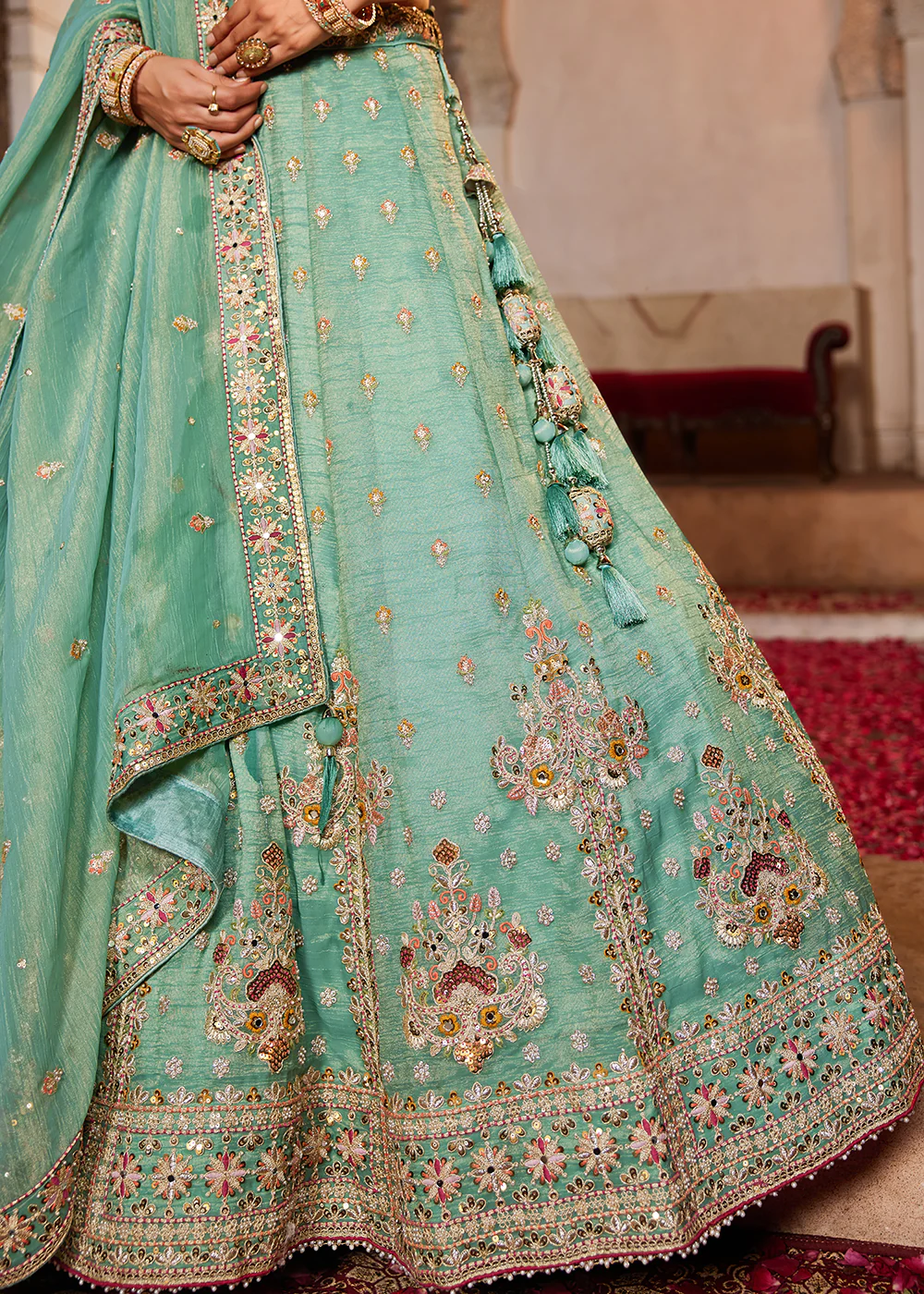 Tissue Fabric Green Embroidered Designer Lehenga Choli - Image 7