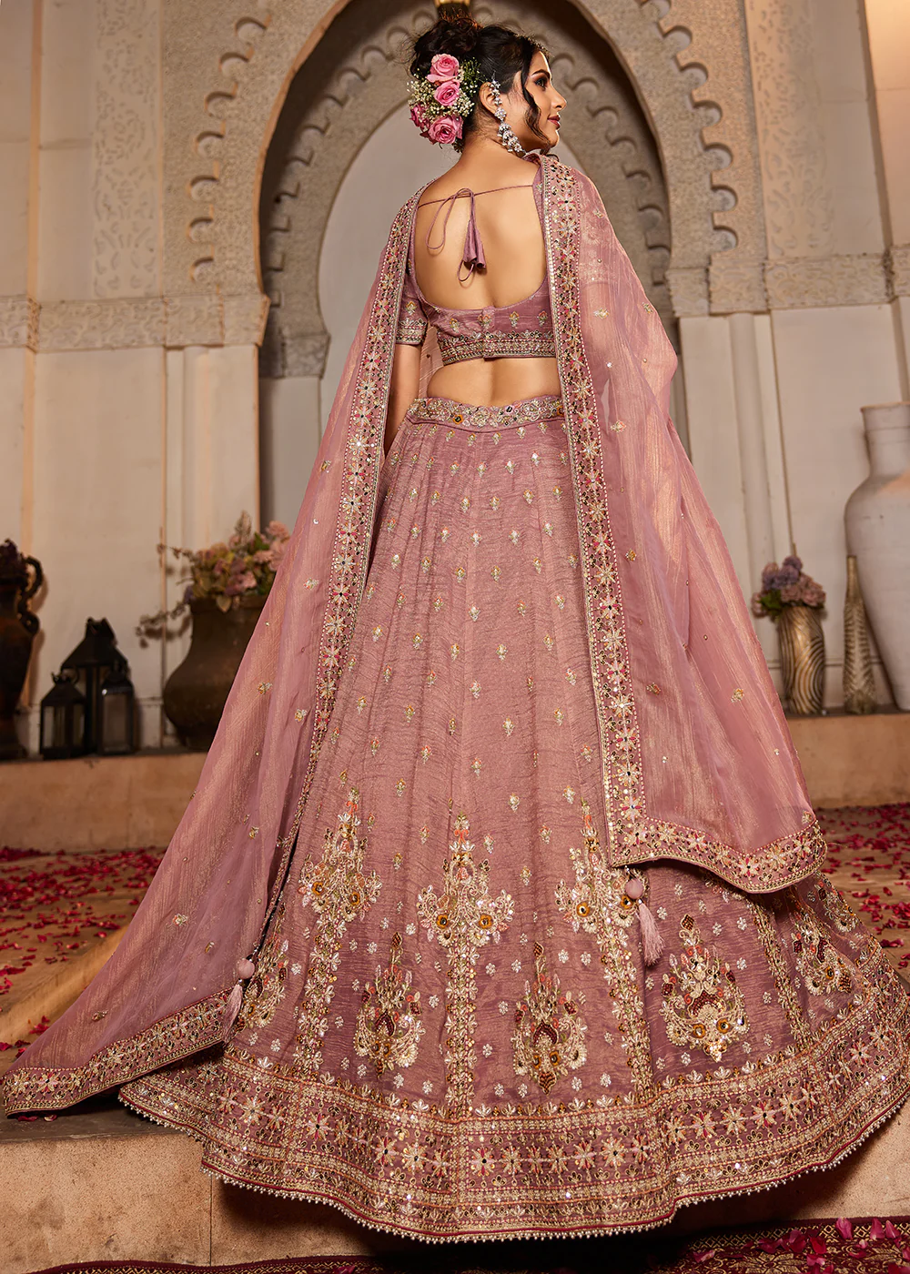 Tissue Fabric Pink Embroidered Designer Lehenga Choli - Image 3