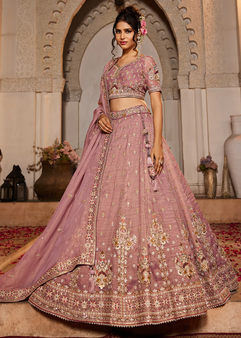 Tissue Fabric Pink Embroidered Designer Lehenga Choli - Image 4