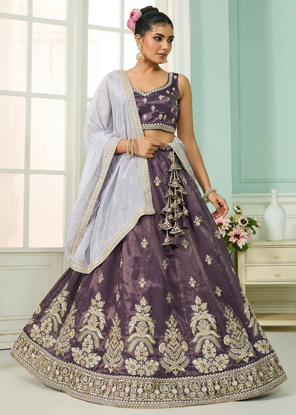 Tissue Fabric Purple Embroidered Designer Wedding Lehenga Choli