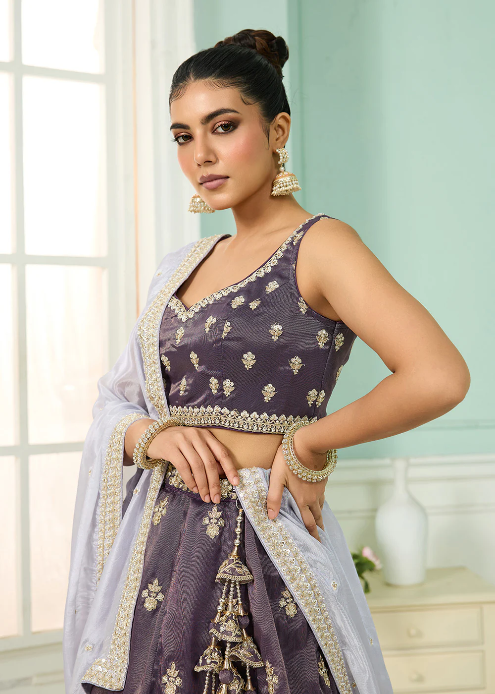 Tissue Fabric Purple Embroidered Designer Wedding Lehenga Choli - Image 2