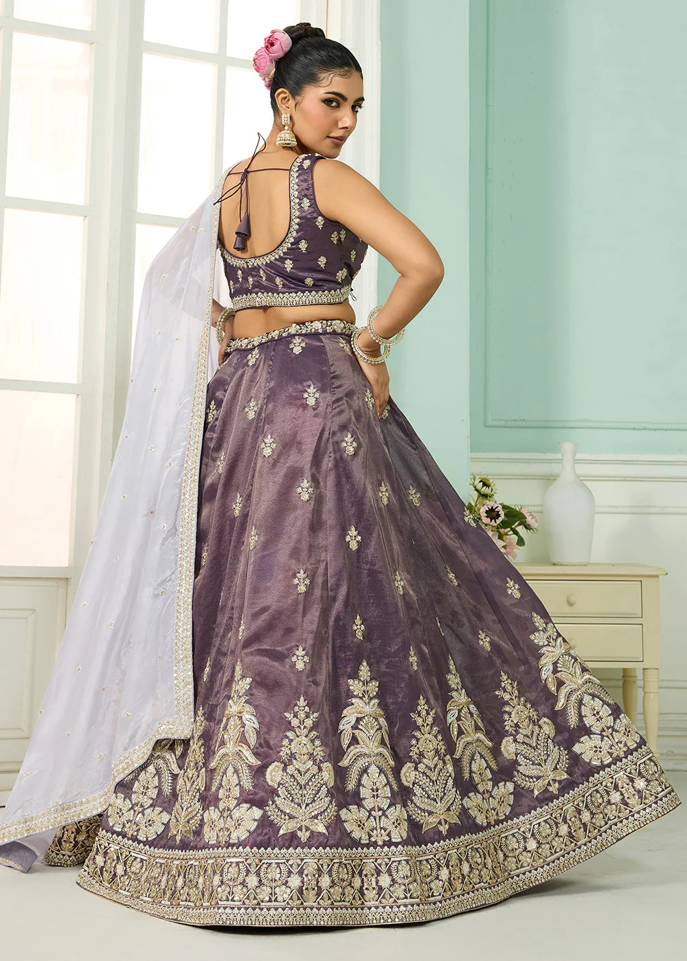 Tissue Fabric Purple Embroidered Designer Wedding Lehenga Choli - Image 3