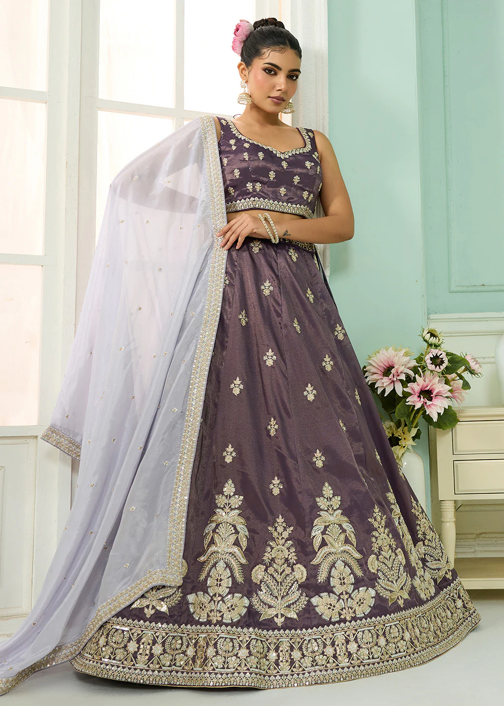 Tissue Fabric Purple Embroidered Designer Wedding Lehenga Choli - Image 4