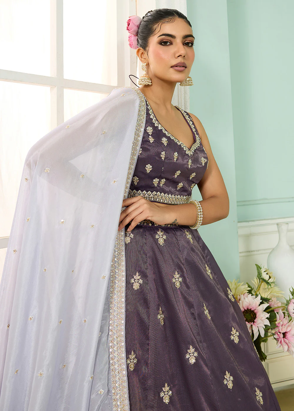 Tissue Fabric Purple Embroidered Designer Wedding Lehenga Choli - Image 5
