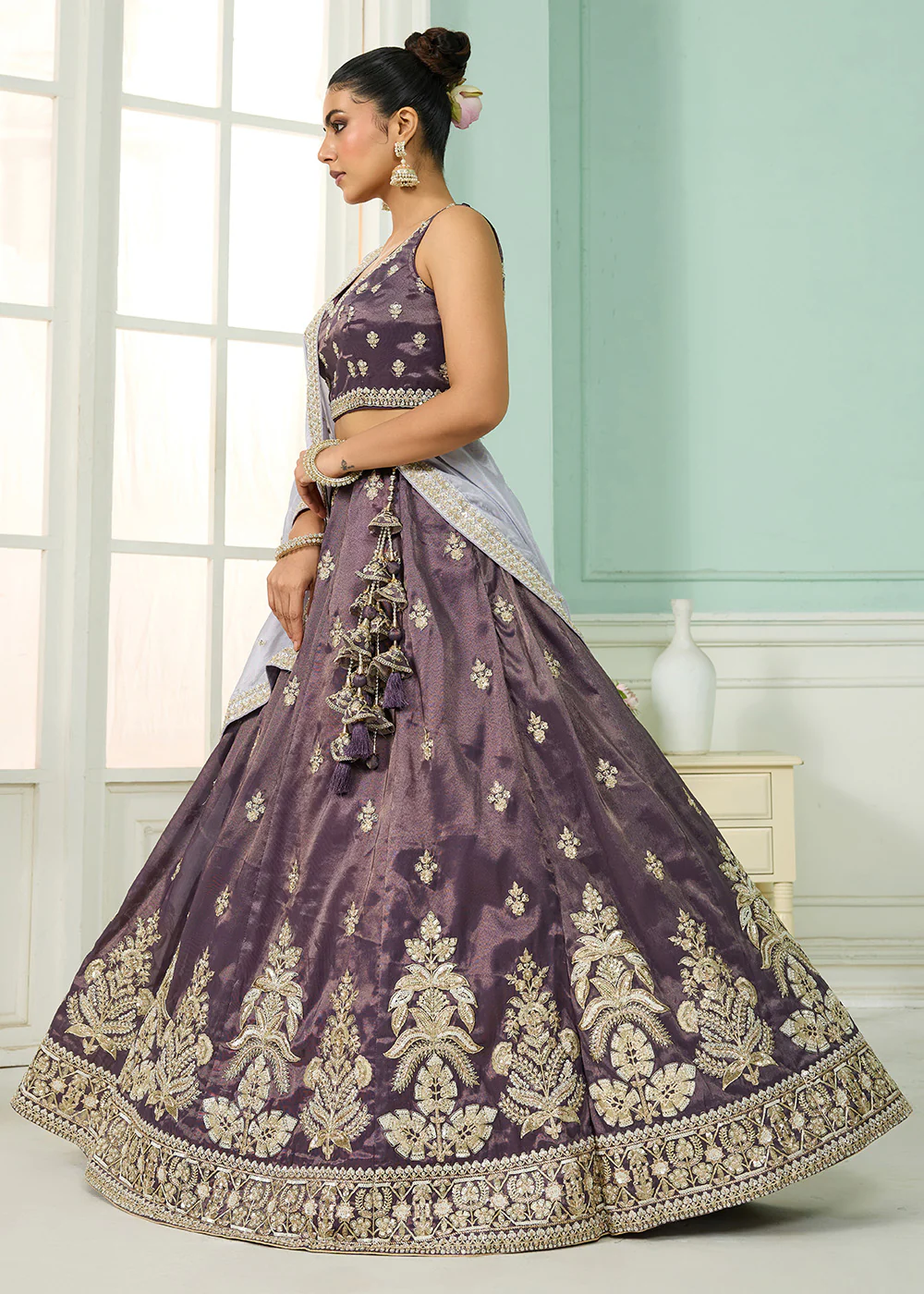 Tissue Fabric Purple Embroidered Designer Wedding Lehenga Choli - Image 6