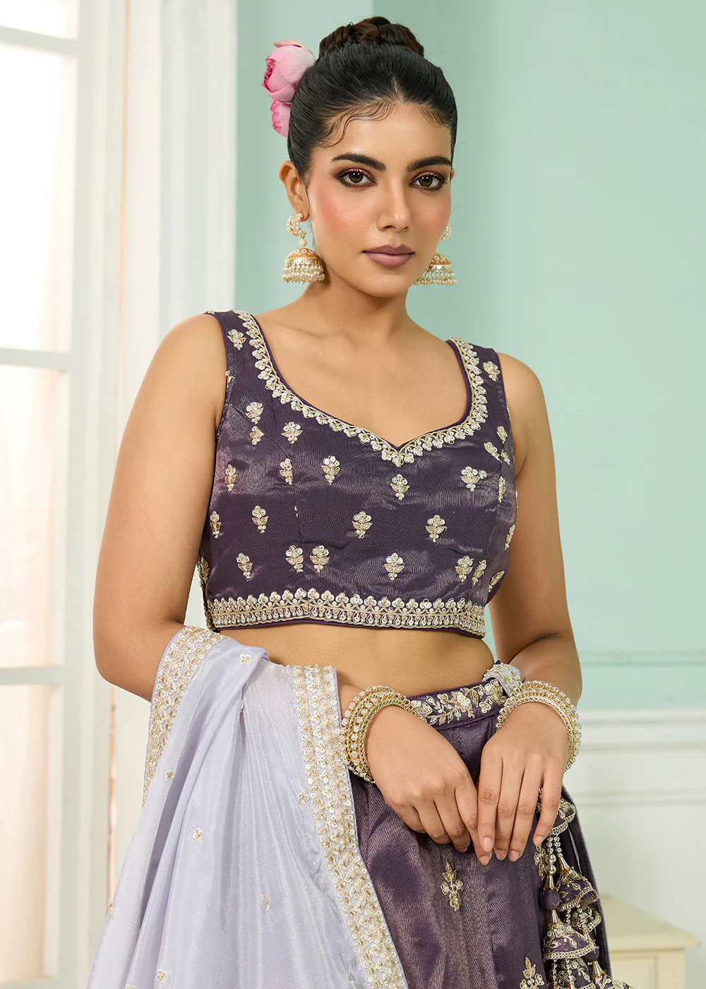 Tissue Fabric Purple Embroidered Designer Wedding Lehenga Choli - Image 7