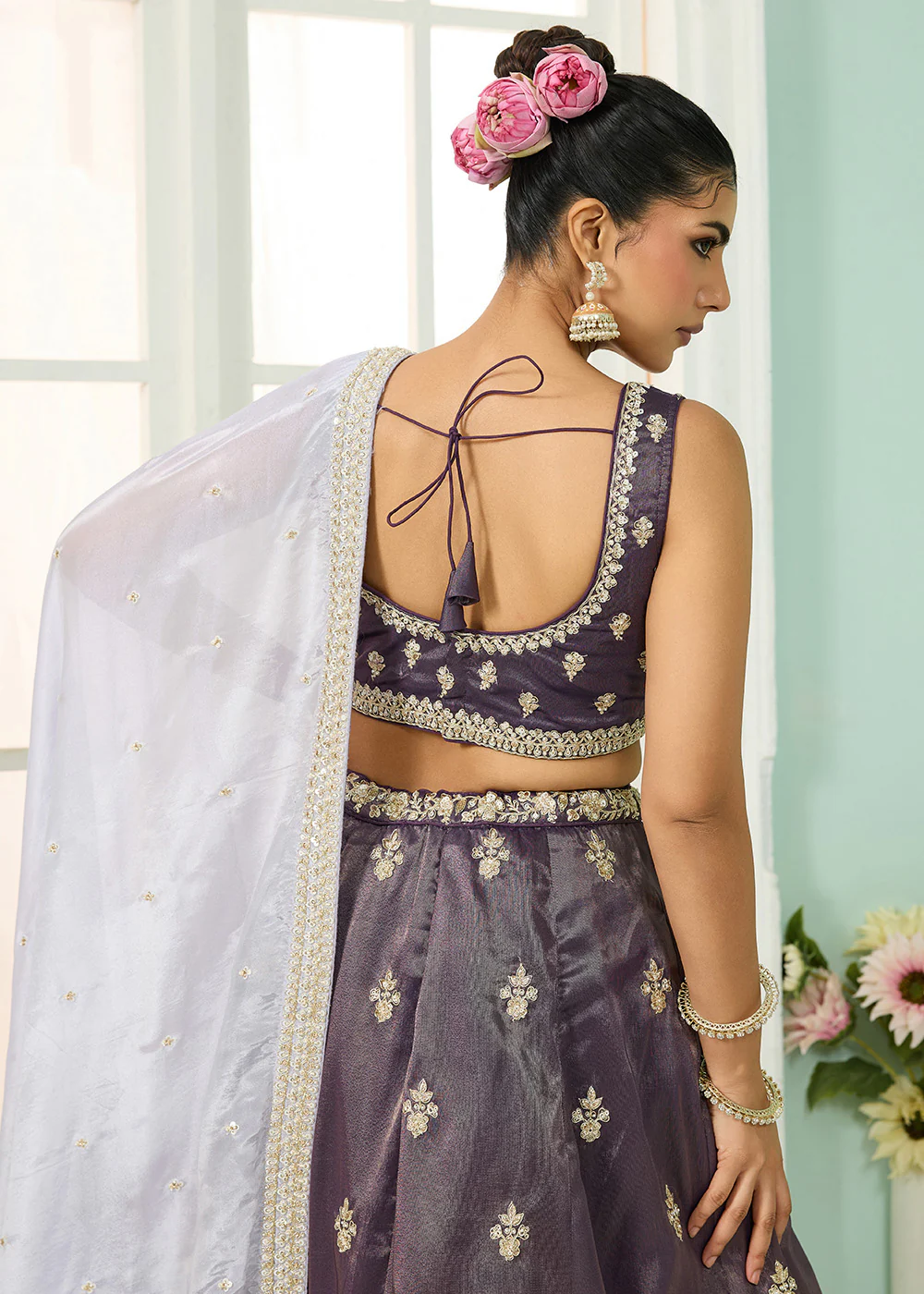 Tissue Fabric Purple Embroidered Designer Wedding Lehenga Choli - Image 8