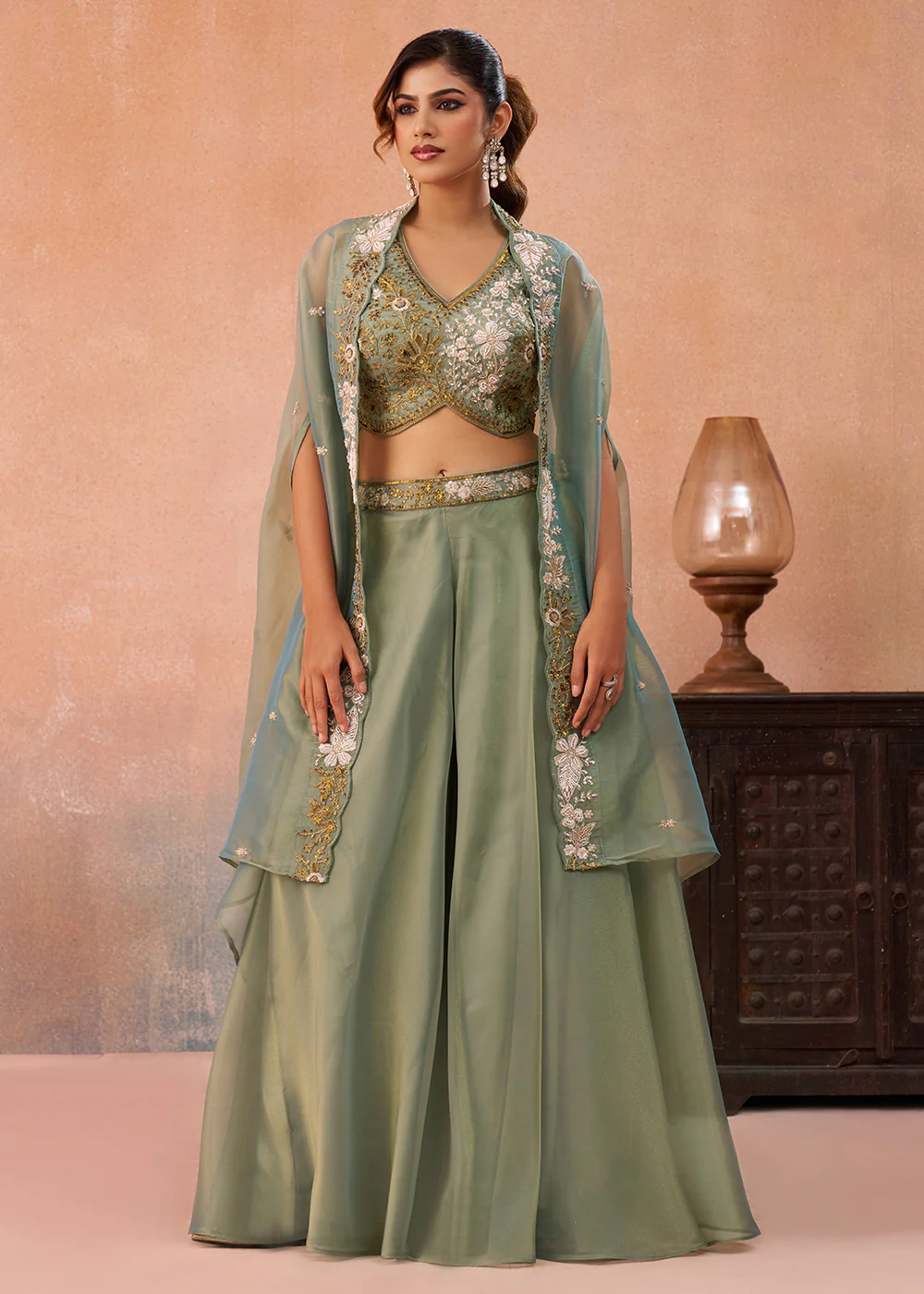 Tissue Green Indo Western Crop Top with Flared Cape - Image 5