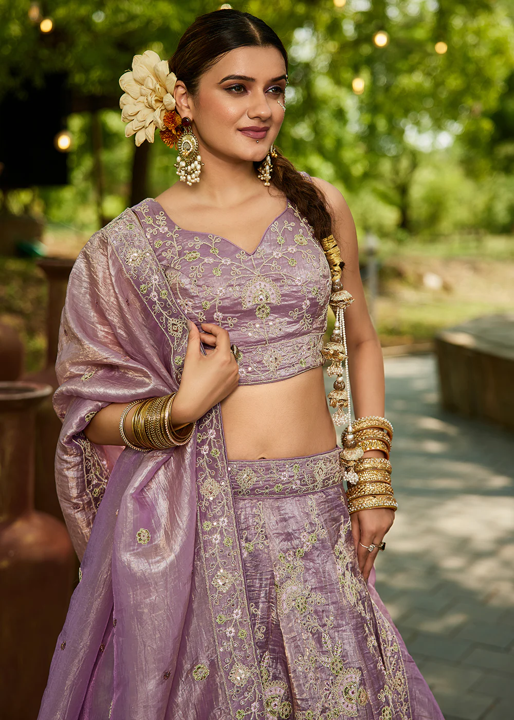 Tissue Material Lavender Wedding Party Lehenga Choli - Image 2