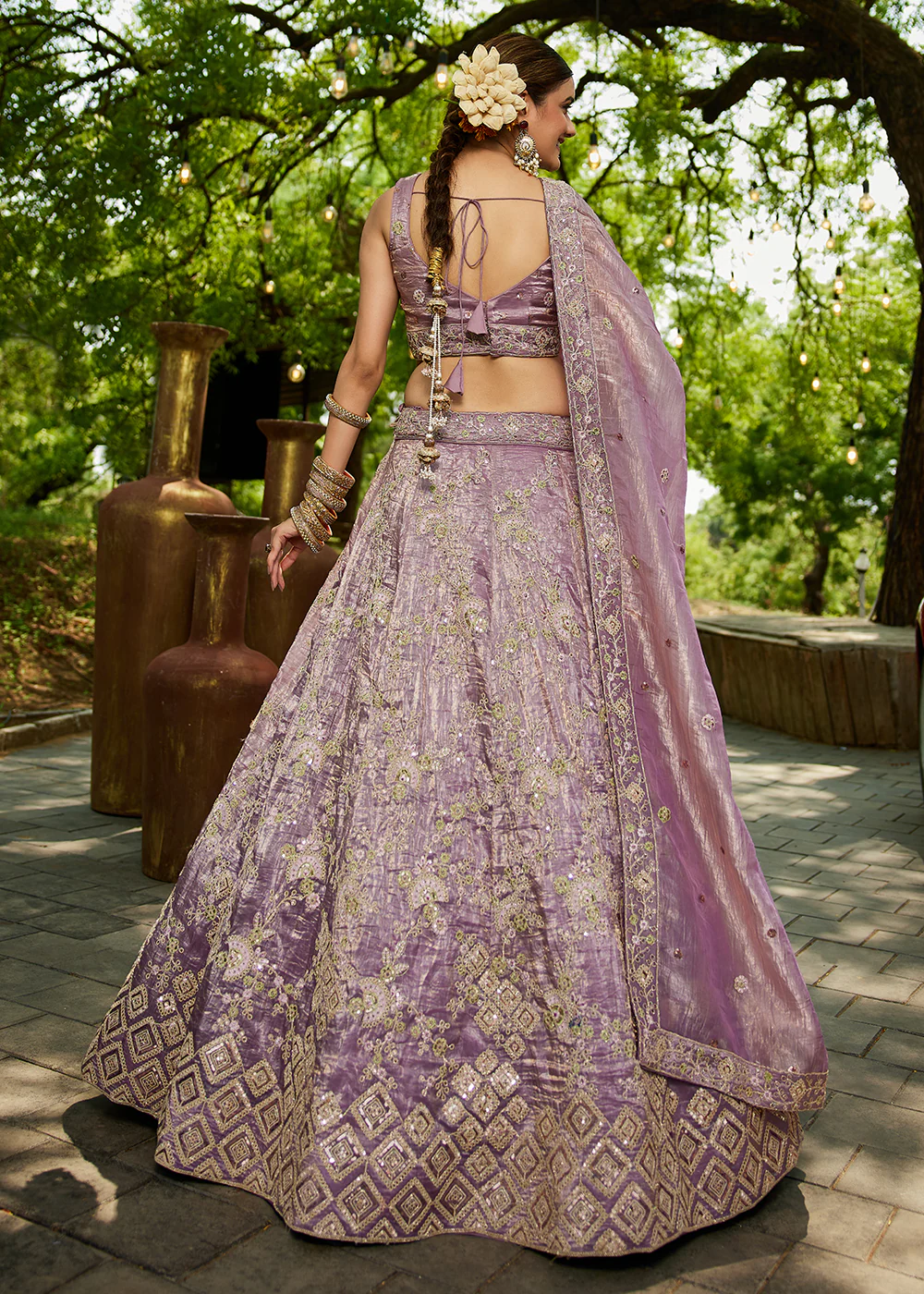 Tissue Material Lavender Wedding Party Lehenga Choli - Image 3