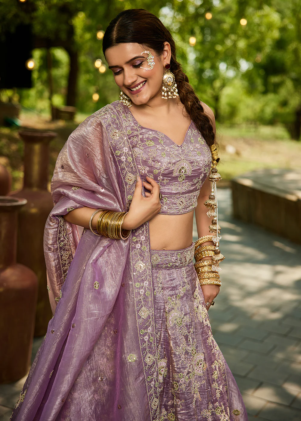 Tissue Material Lavender Wedding Party Lehenga Choli - Image 4