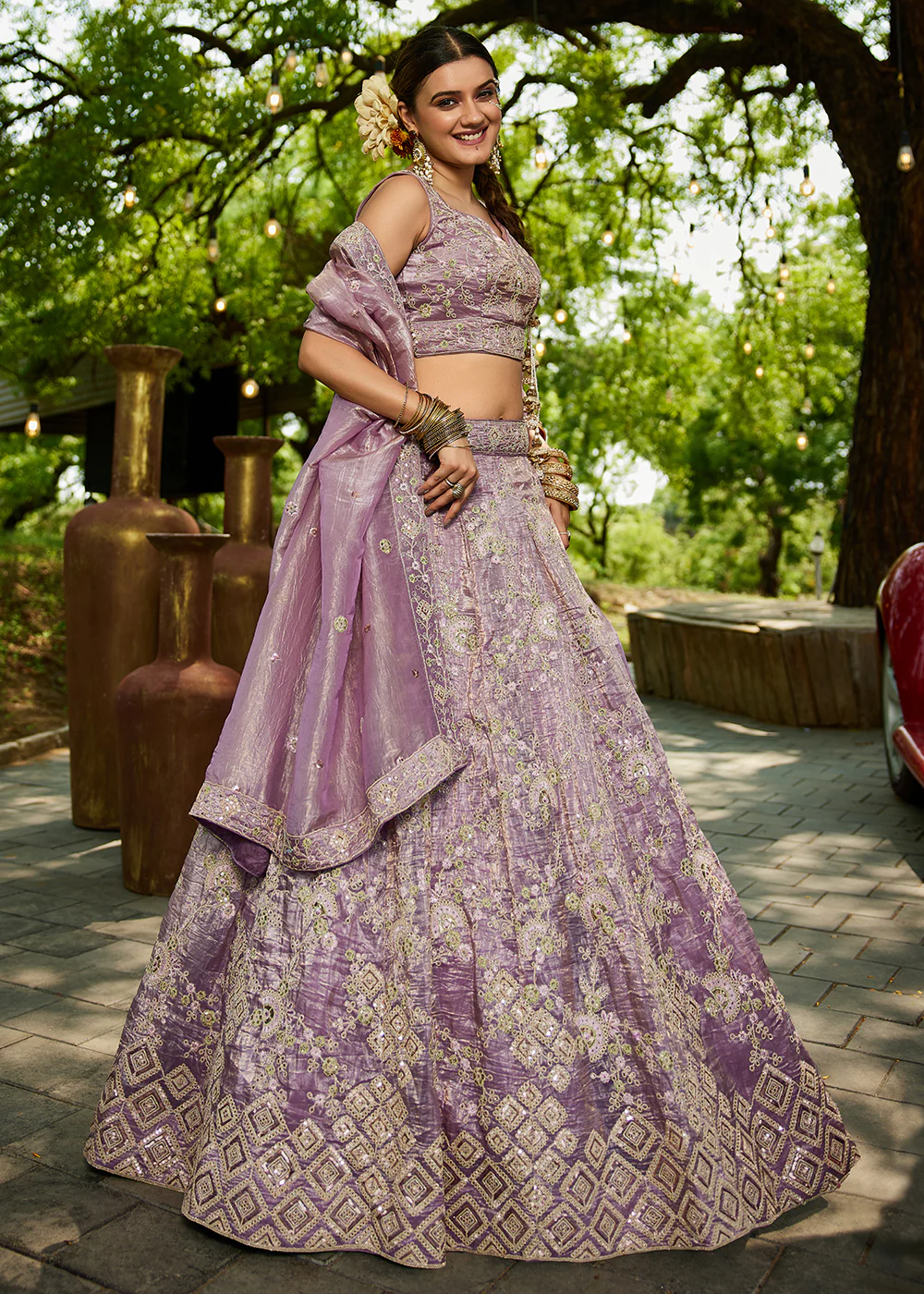 Tissue Material Lavender Wedding Party Lehenga Choli - Image 5