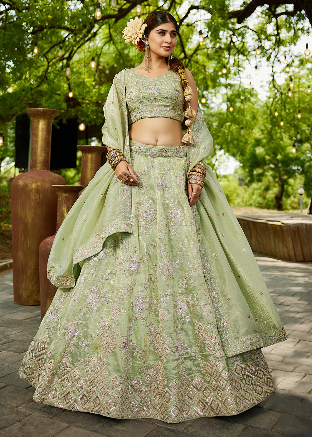 Tissue Material Lime Green Wedding Party Lehenga Choli