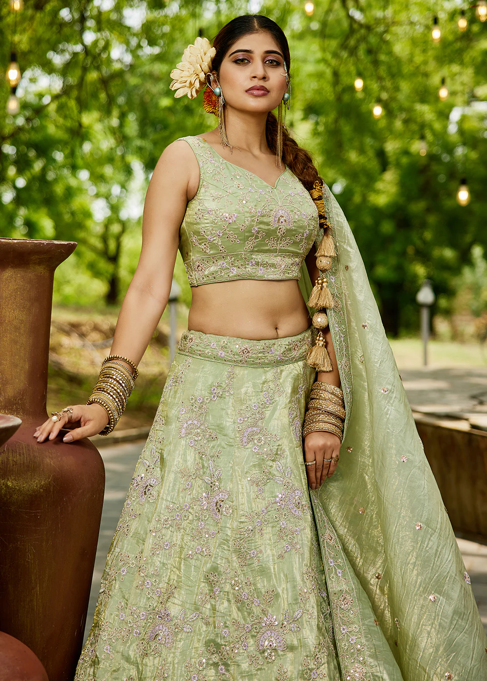 Tissue Material Lime Green Wedding Party Lehenga Choli - Image 6