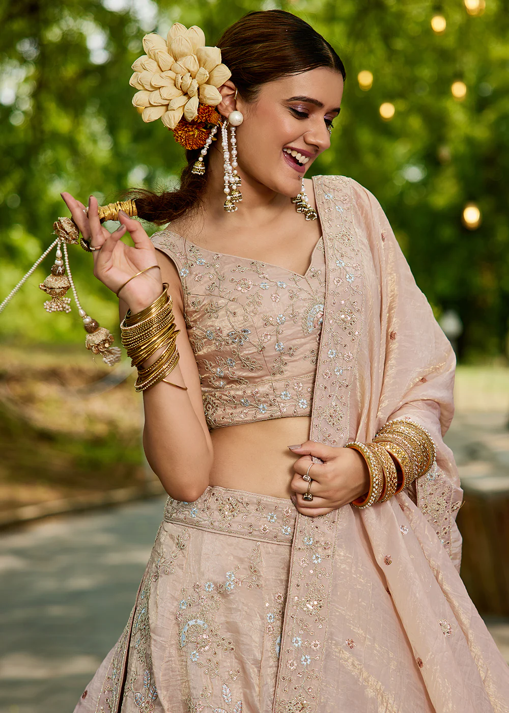 Tissue Material Nude Pink Wedding Party Lehenga Choli - Image 2