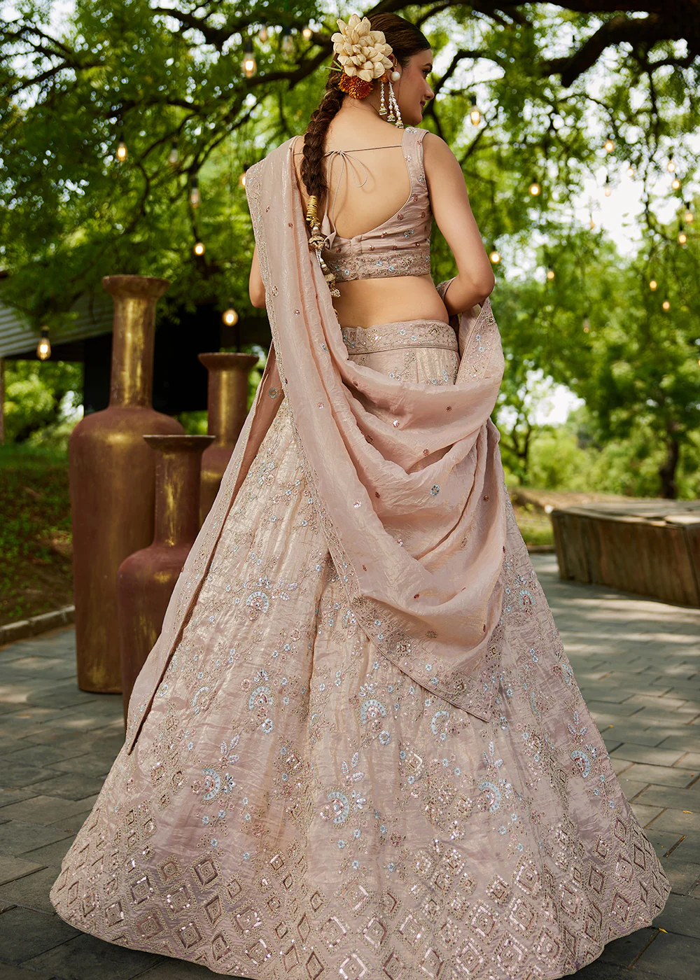 Tissue Material Nude Pink Wedding Party Lehenga Choli - Image 3