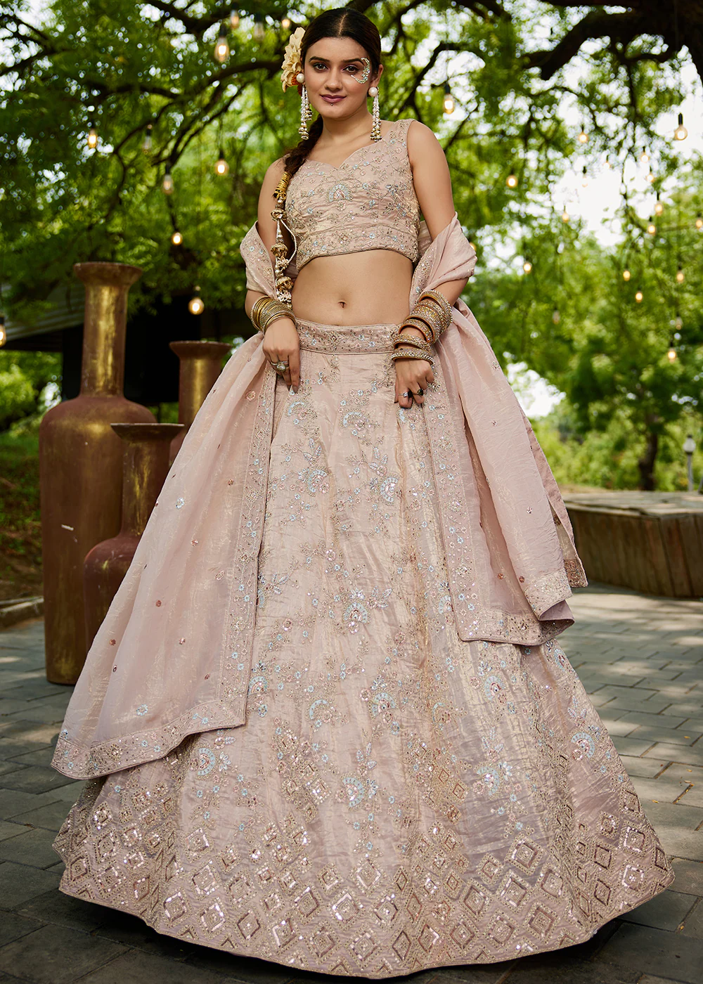 Tissue Material Nude Pink Wedding Party Lehenga Choli - Image 4