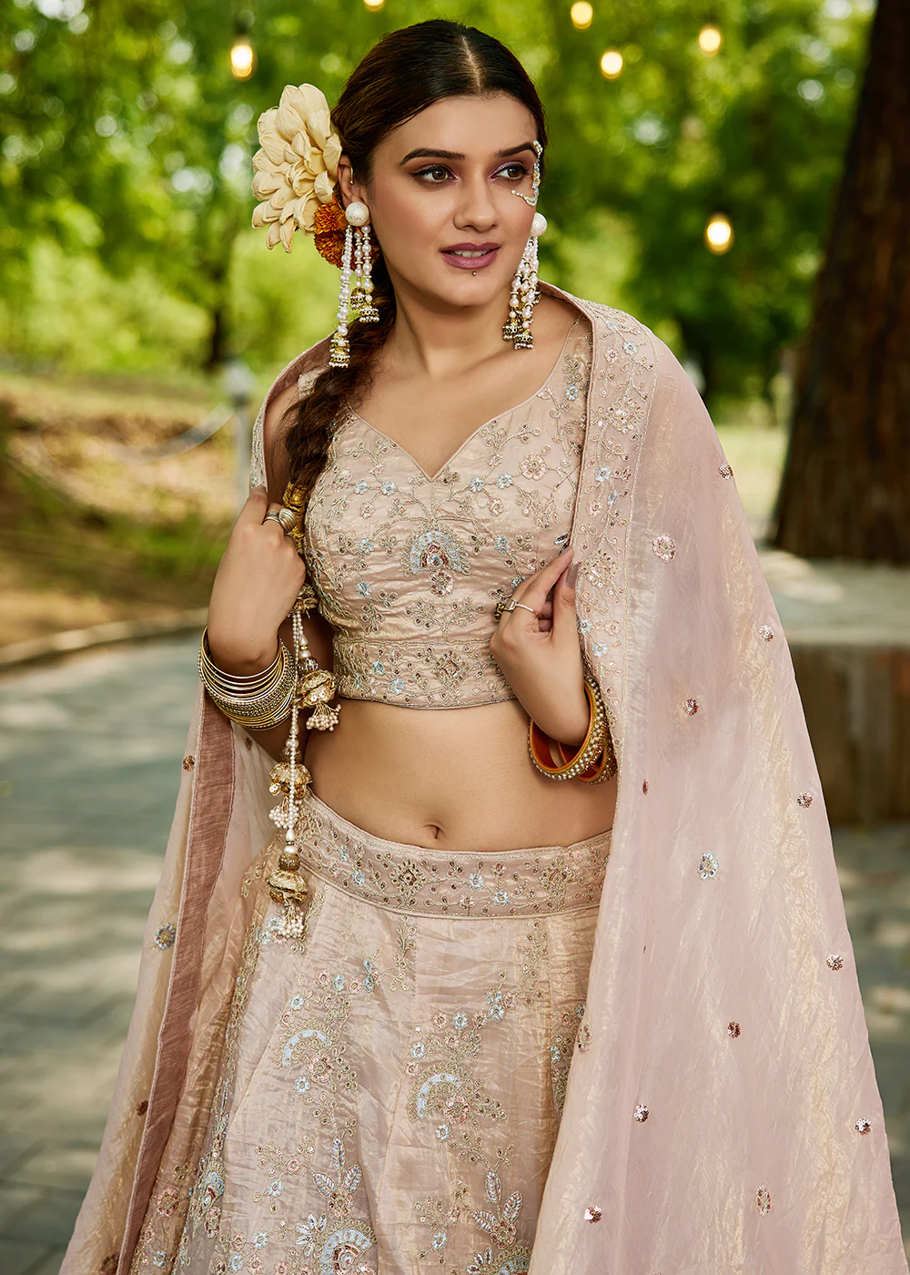 Tissue Material Nude Pink Wedding Party Lehenga Choli - Image 5