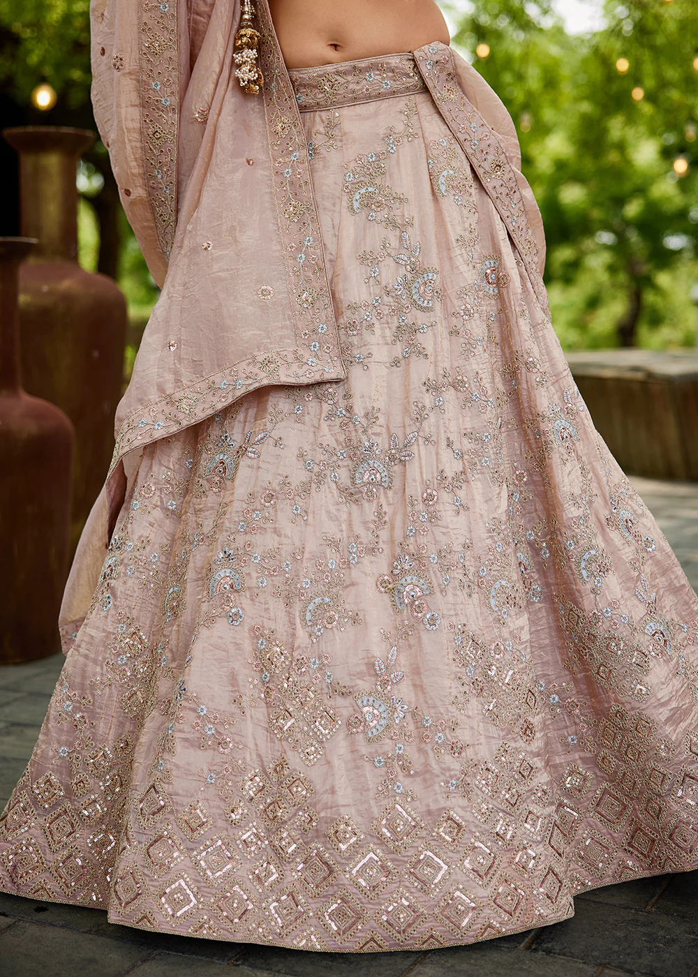 Tissue Material Nude Pink Wedding Party Lehenga Choli - Image 7
