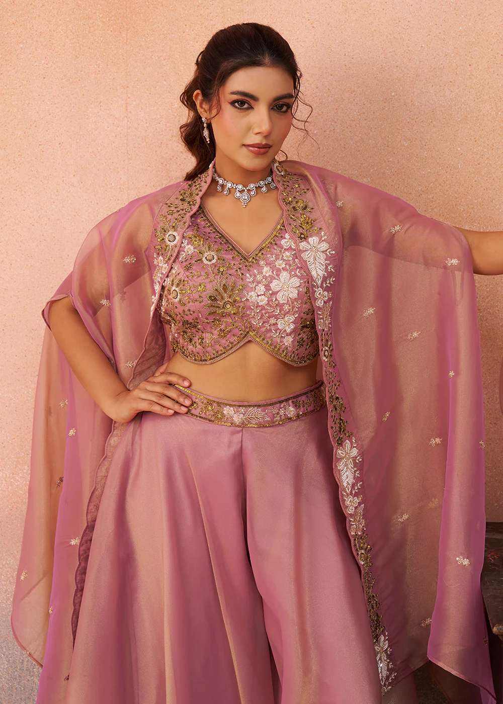Tissue Pink Indo Western Crop Top with Flared Cape - Image 2