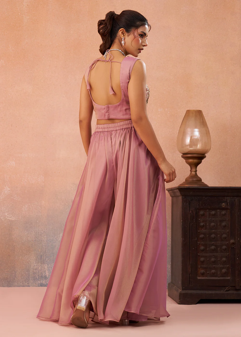 Tissue Pink Indo Western Crop Top with Flared Cape - Image 3