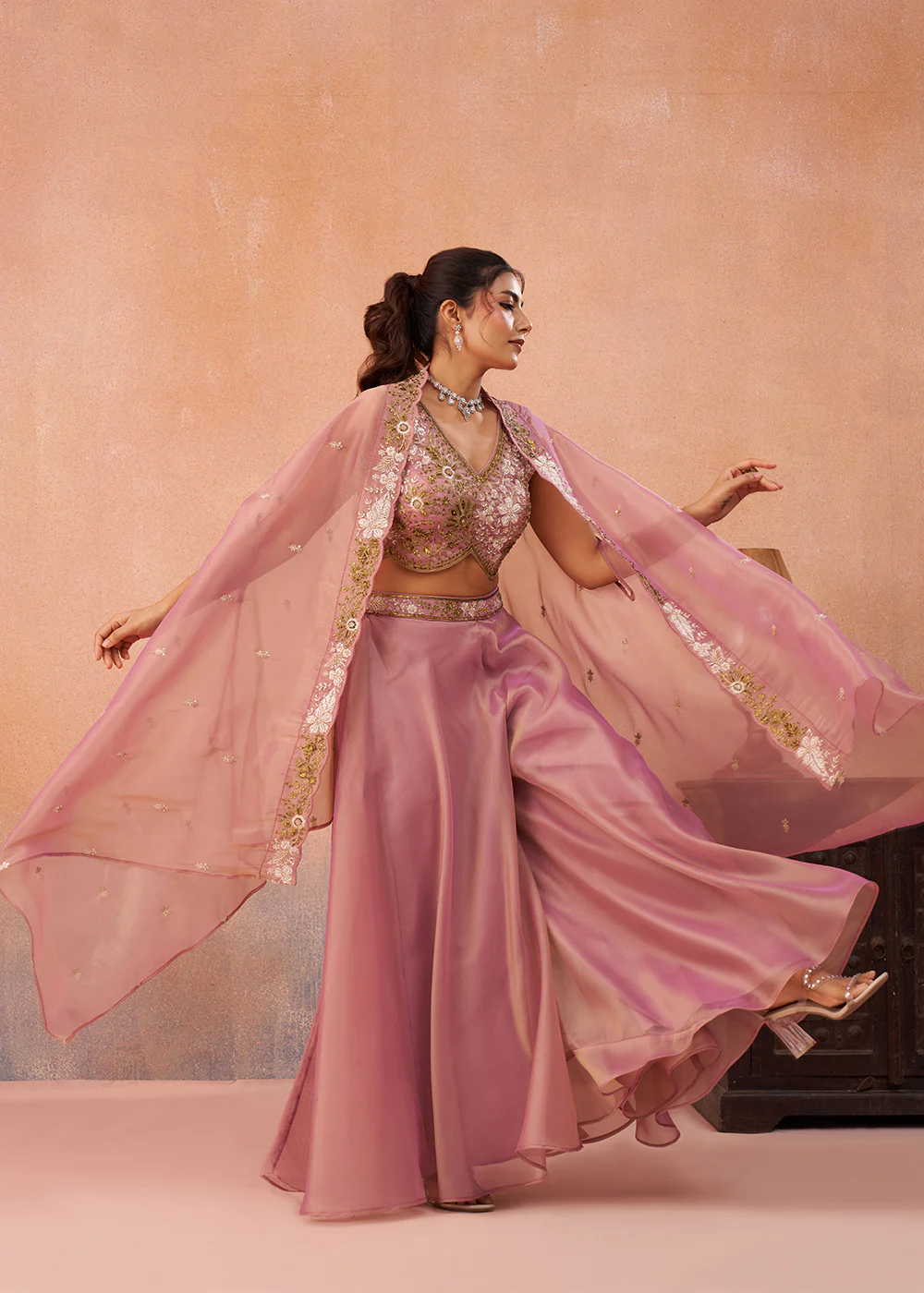Tissue Pink Indo Western Crop Top with Flared Cape - Image 4