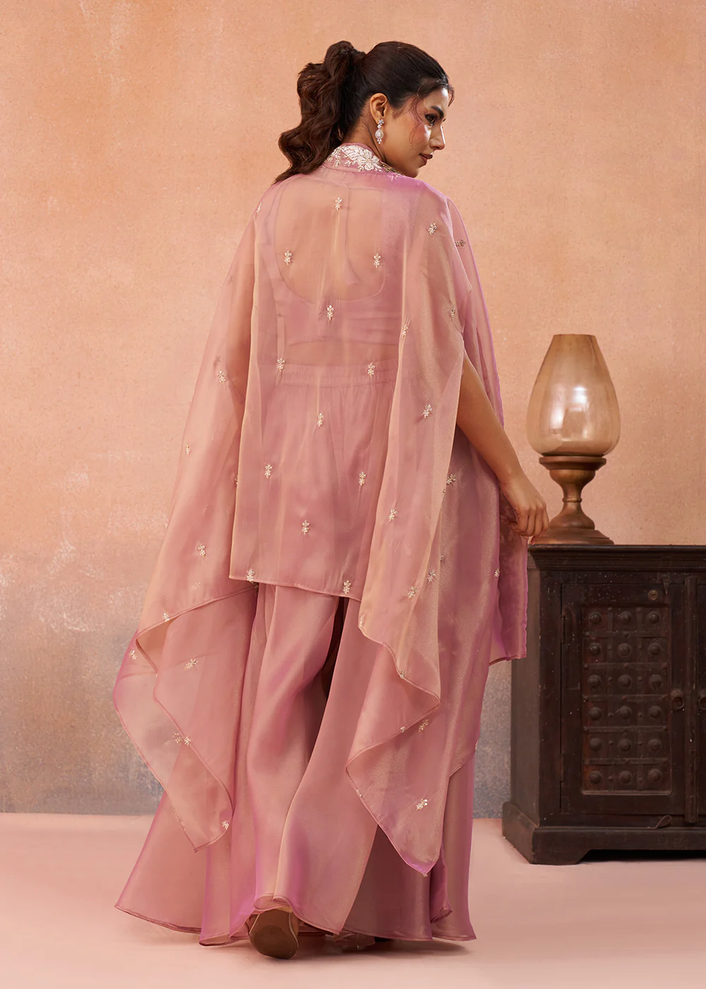Tissue Pink Indo Western Crop Top with Flared Cape - Image 5