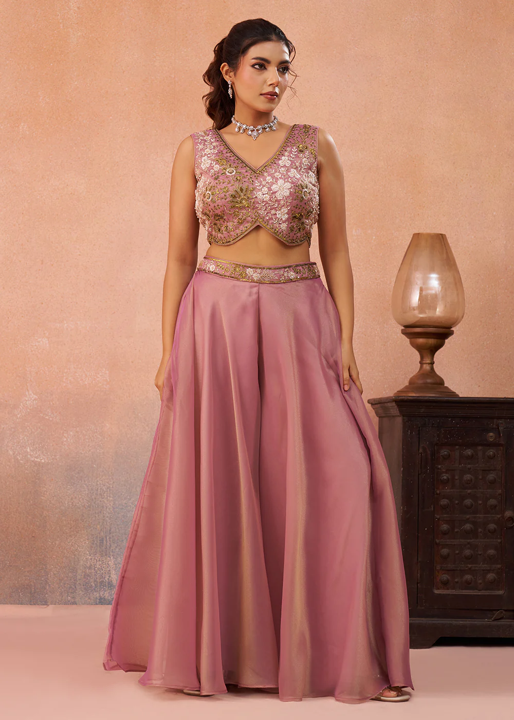 Tissue Pink Indo Western Crop Top with Flared Cape - Image 6