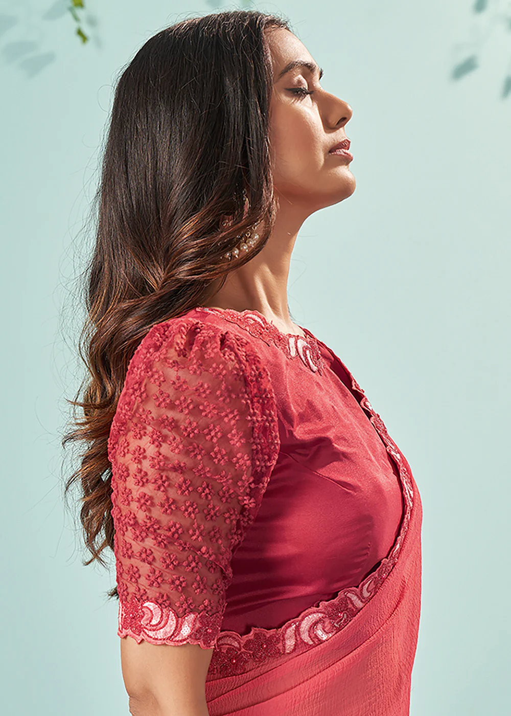 Tomato Red Barberie Chiffon Embroidered Designer Saree - Image 3