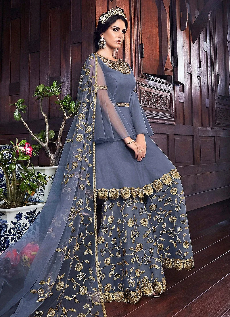 Top Notch Blue Bell Sleeved Pakistani Sharara Suit - Image 4