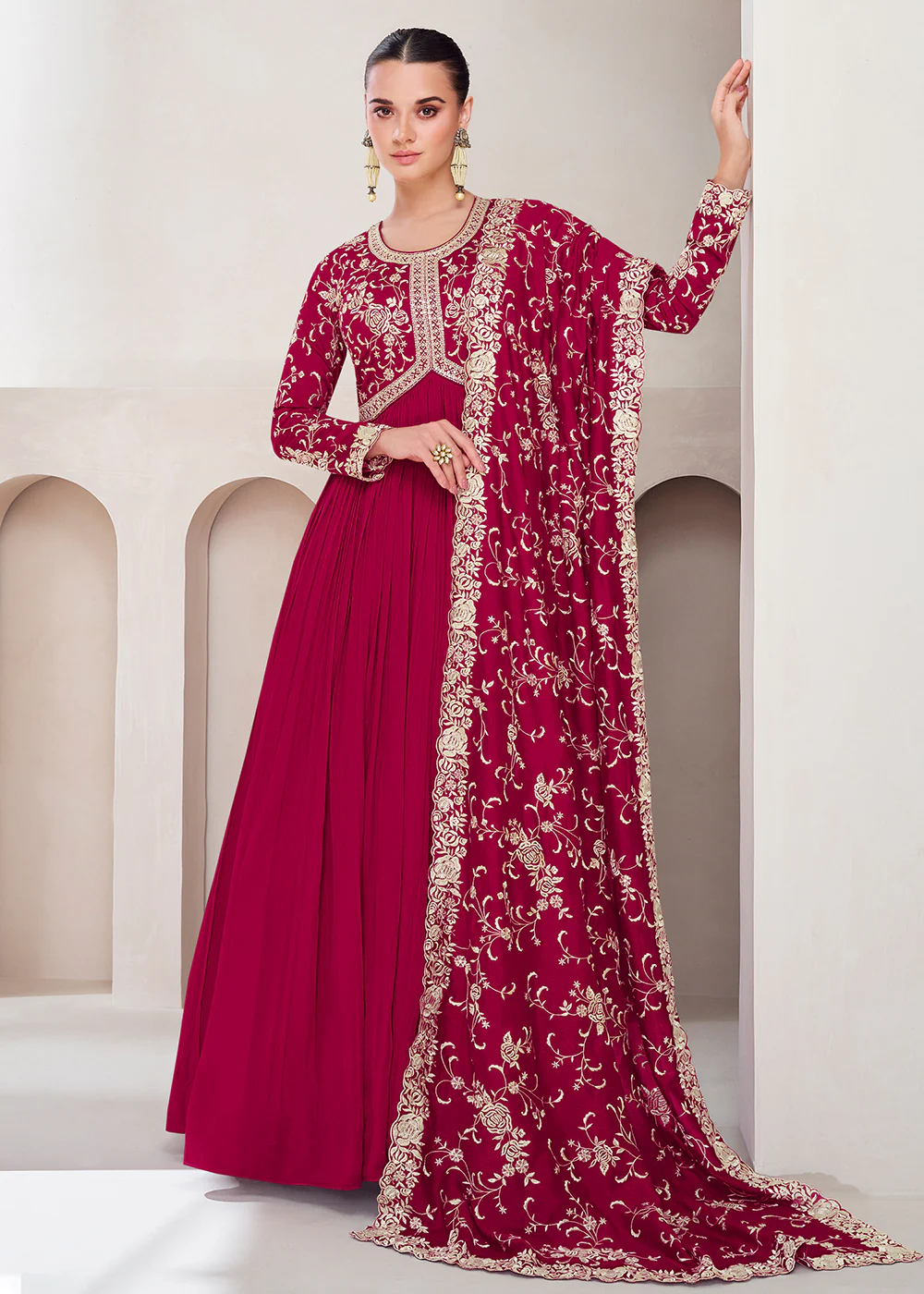 Topnotch Hot Pink Embroidered Premium Silk Anarkali Suit