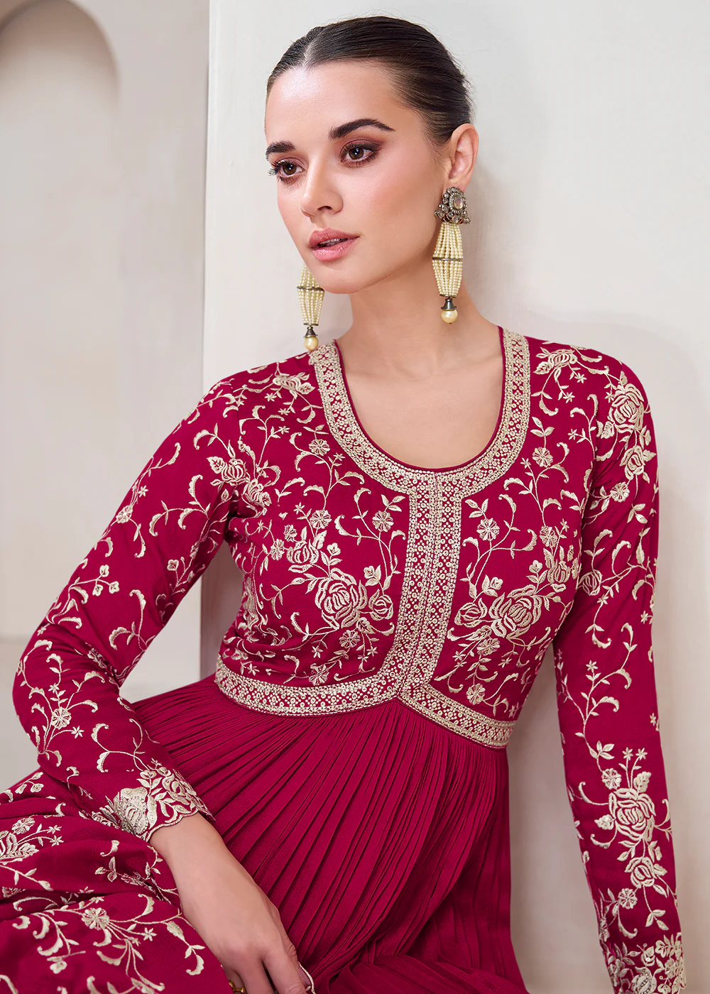 Topnotch Hot Pink Embroidered Premium Silk Anarkali Suit - Image 2