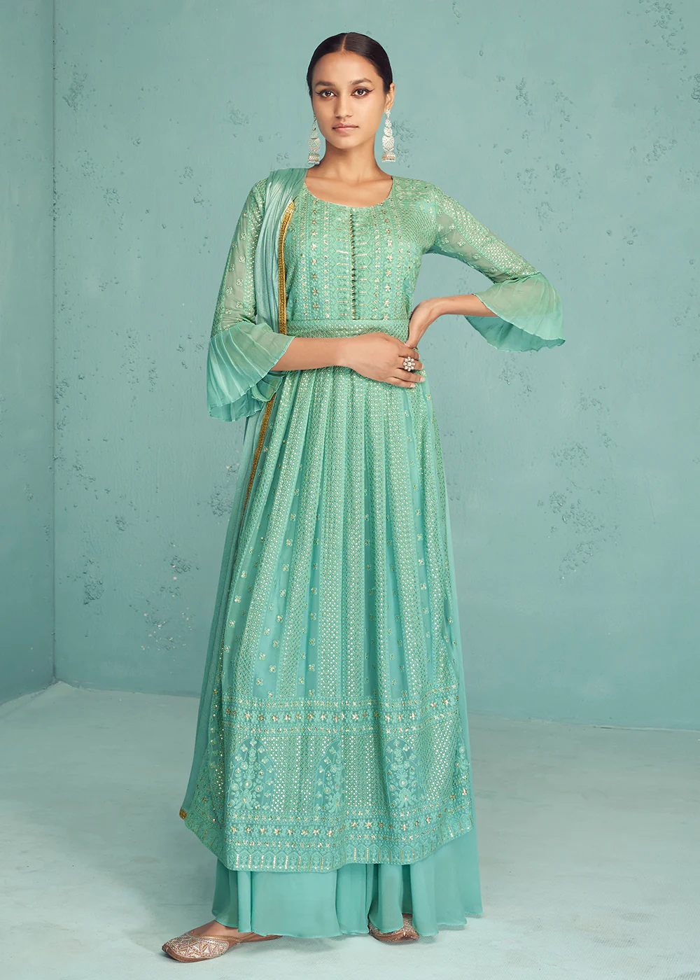 Traditional Aqua Blue Georgette Embroidered Anarkali Suit