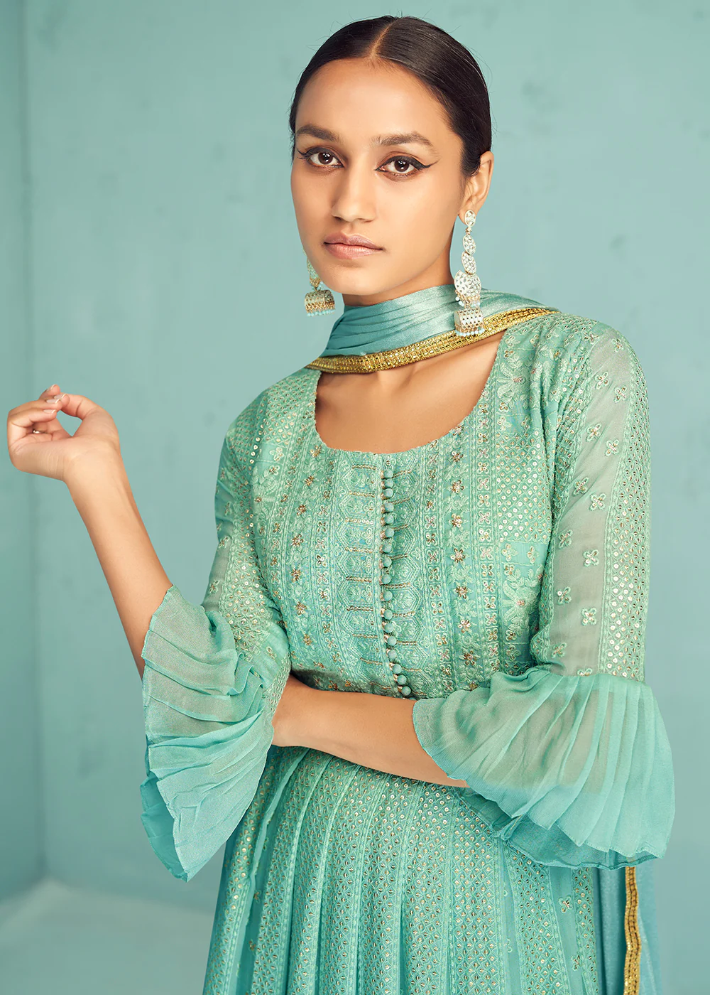 Traditional Aqua Blue Georgette Embroidered Anarkali Suit - Image 2