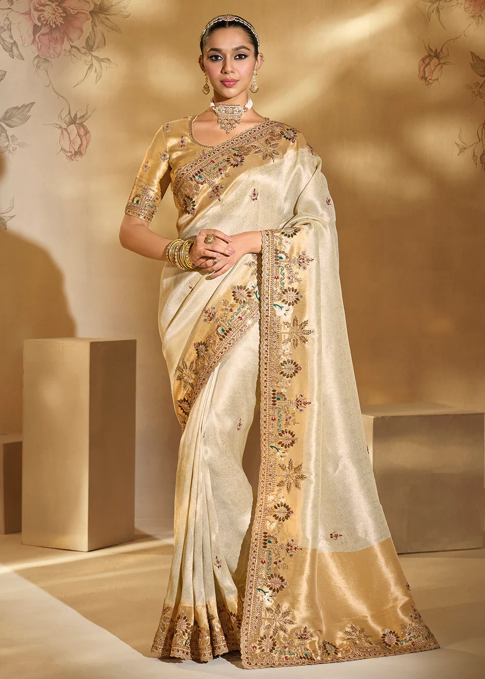 Traditional Beige Heavy Embroidered Wedding Bridal Saree