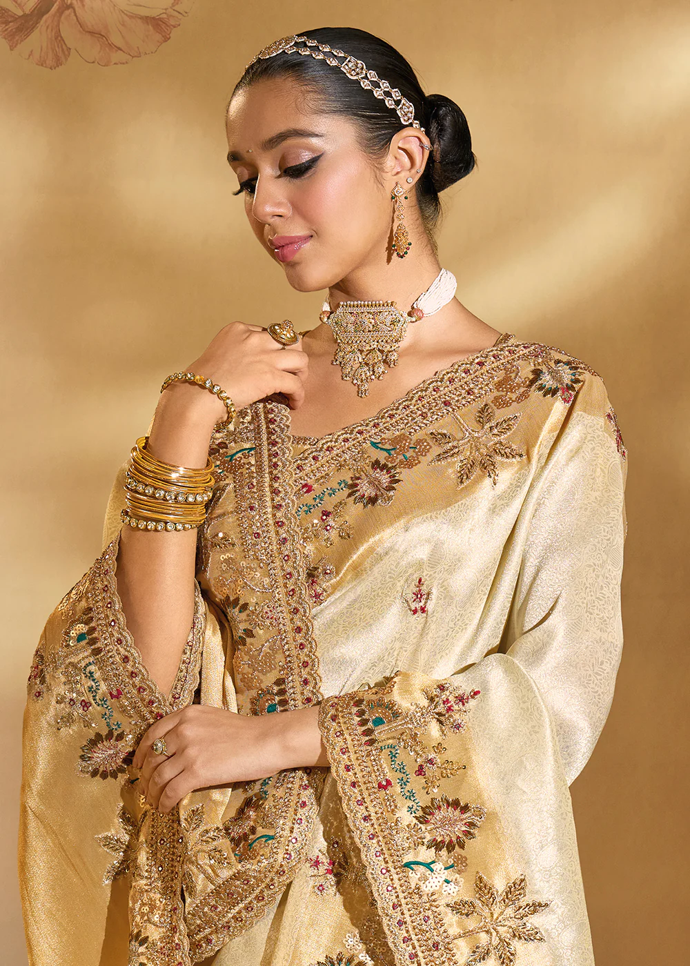 Traditional Beige Heavy Embroidered Wedding Bridal Saree - Image 2