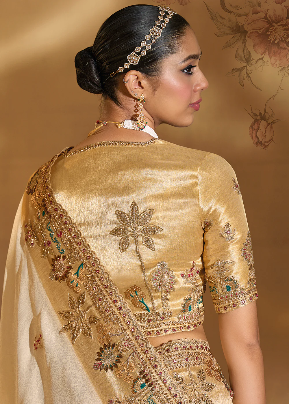 Traditional Beige Heavy Embroidered Wedding Bridal Saree - Image 3