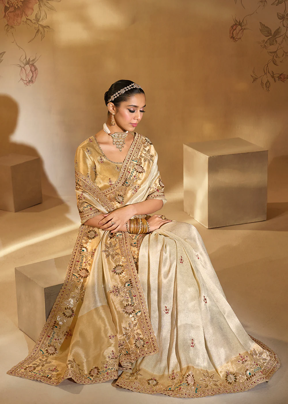 Traditional Beige Heavy Embroidered Wedding Bridal Saree - Image 4