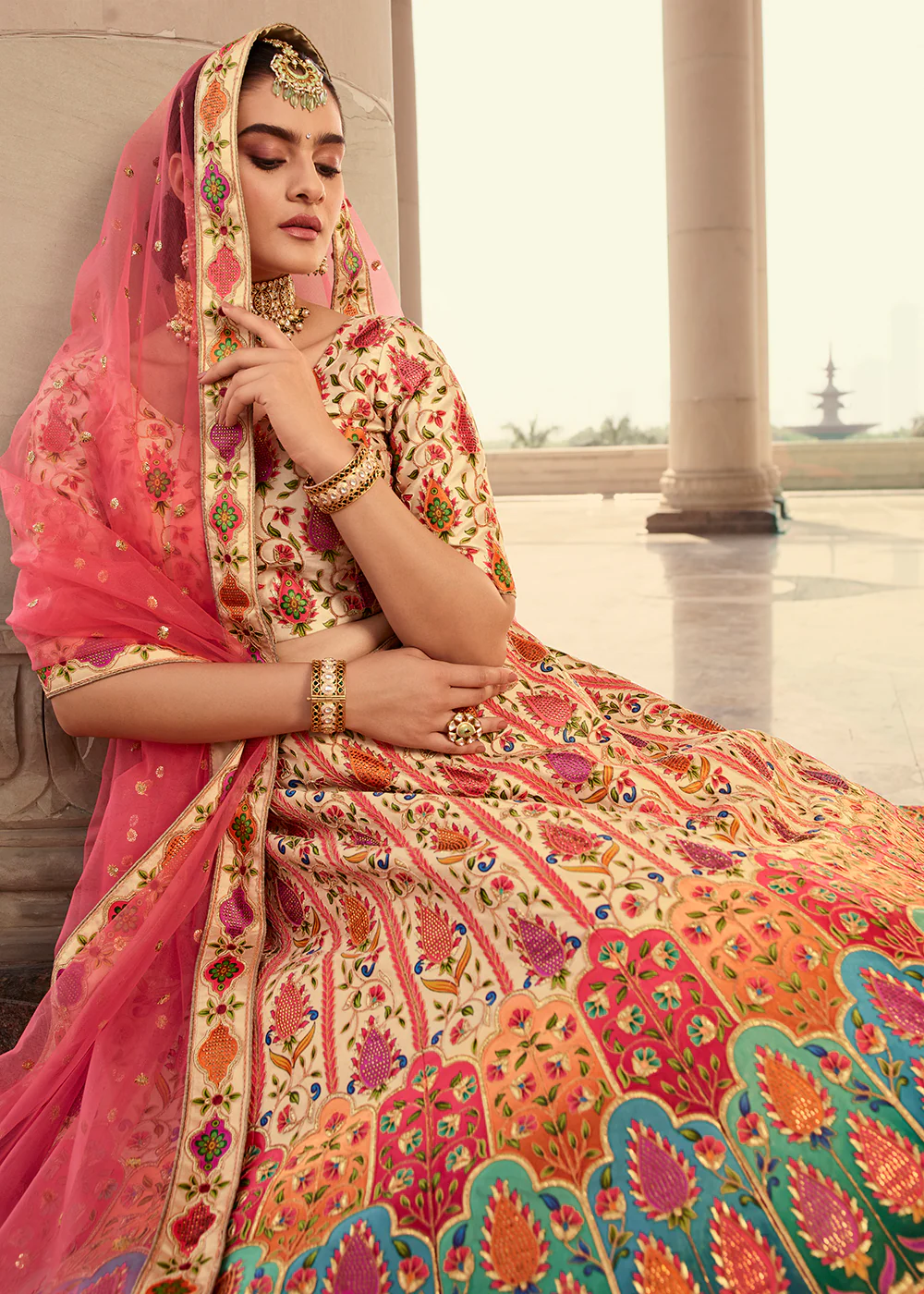 Traditional Beige Swarovski Work Bridal Lehenga Choli - Image 2