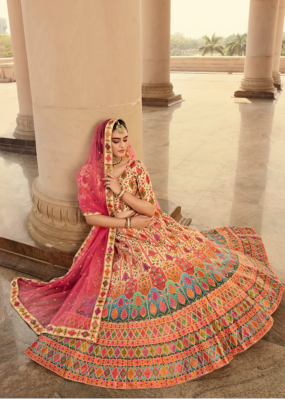 Traditional Beige Swarovski Work Bridal Lehenga Choli - Image 3