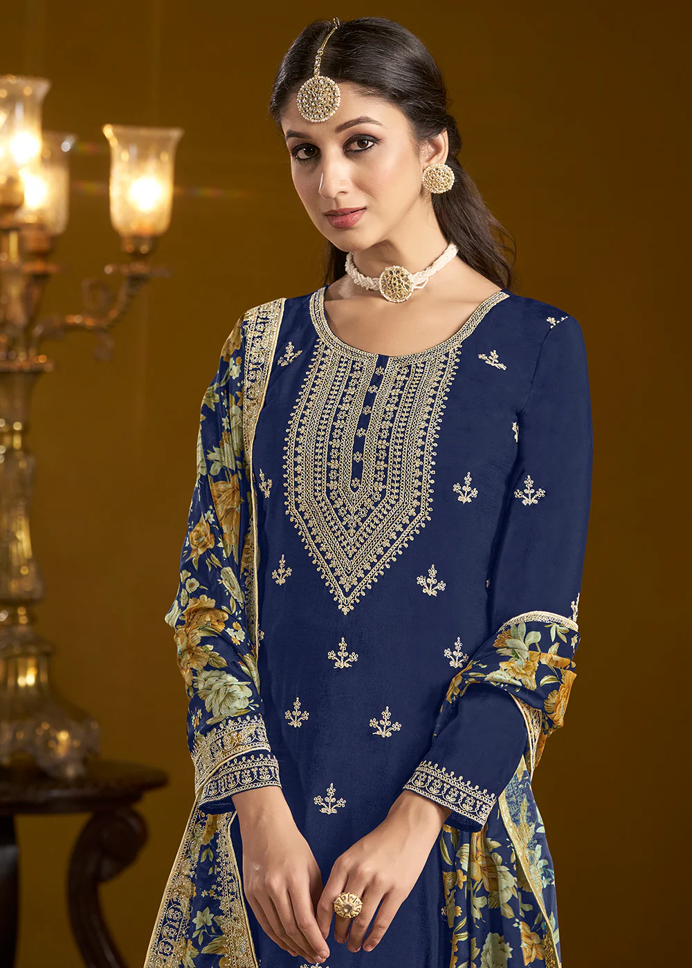 Traditional Blue Embroidered Chinnon Festive Gharara Suit - Image 2