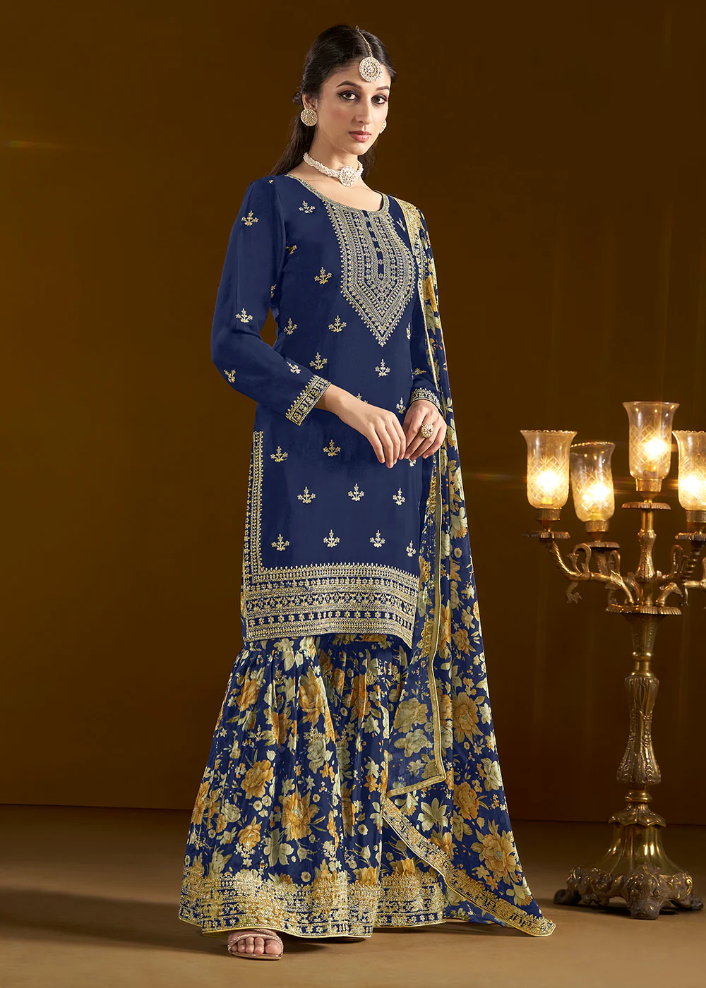 Traditional Blue Embroidered Chinnon Festive Gharara Suit - Image 3