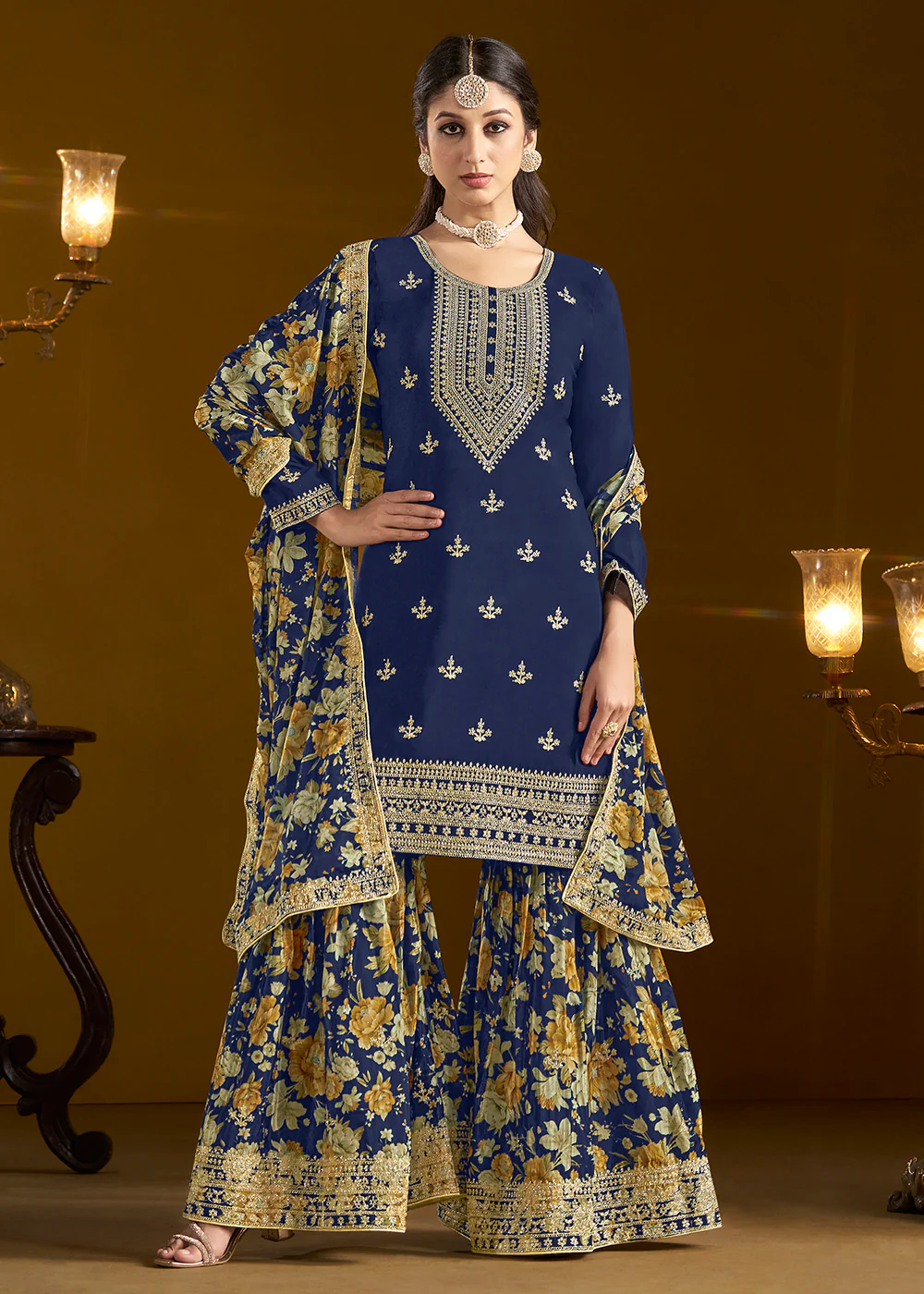 Traditional Blue Embroidered Chinnon Festive Gharara Suit - Image 4