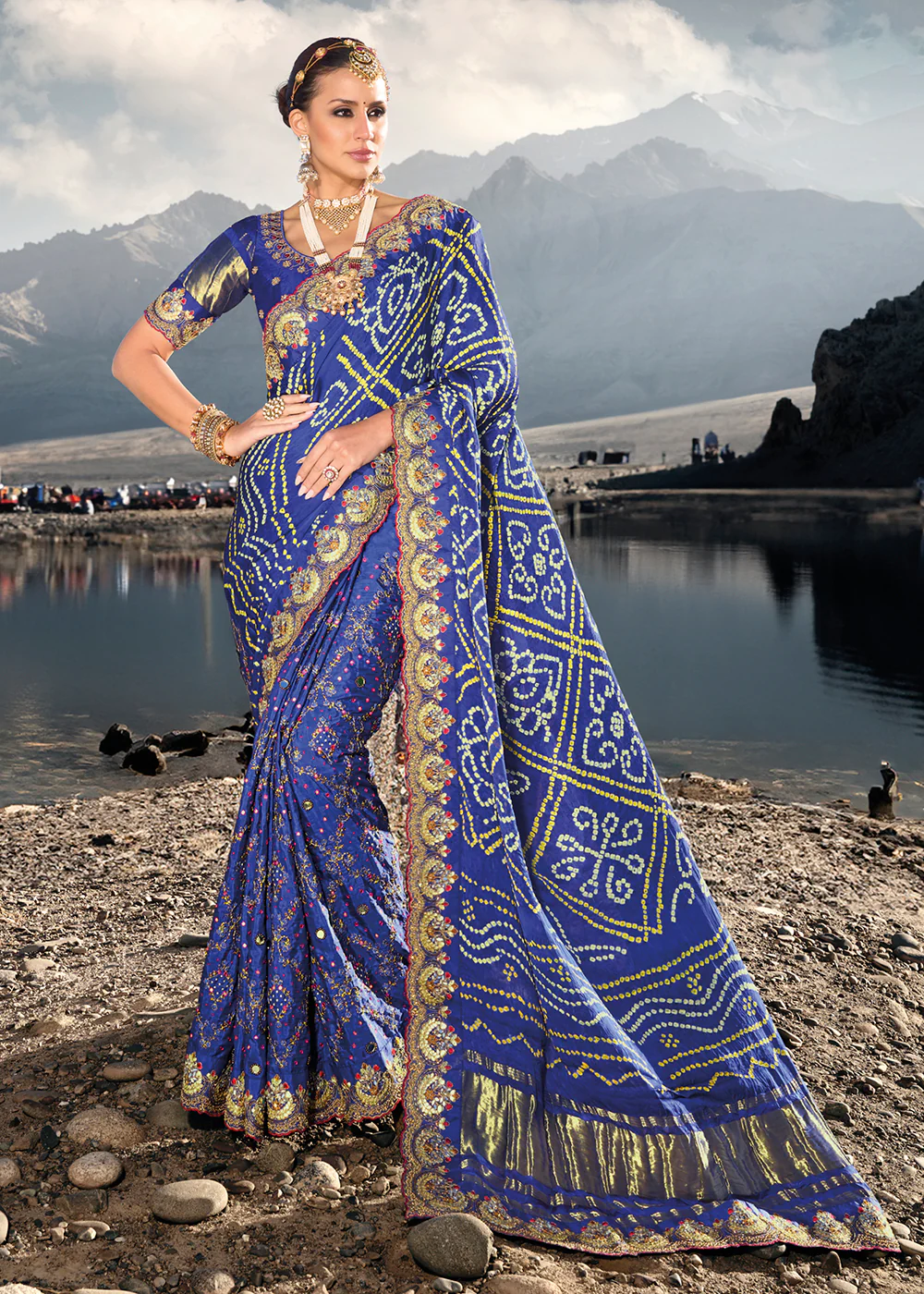 Traditional Blue Embroidered Kachhi Bandhej Sateen Saree