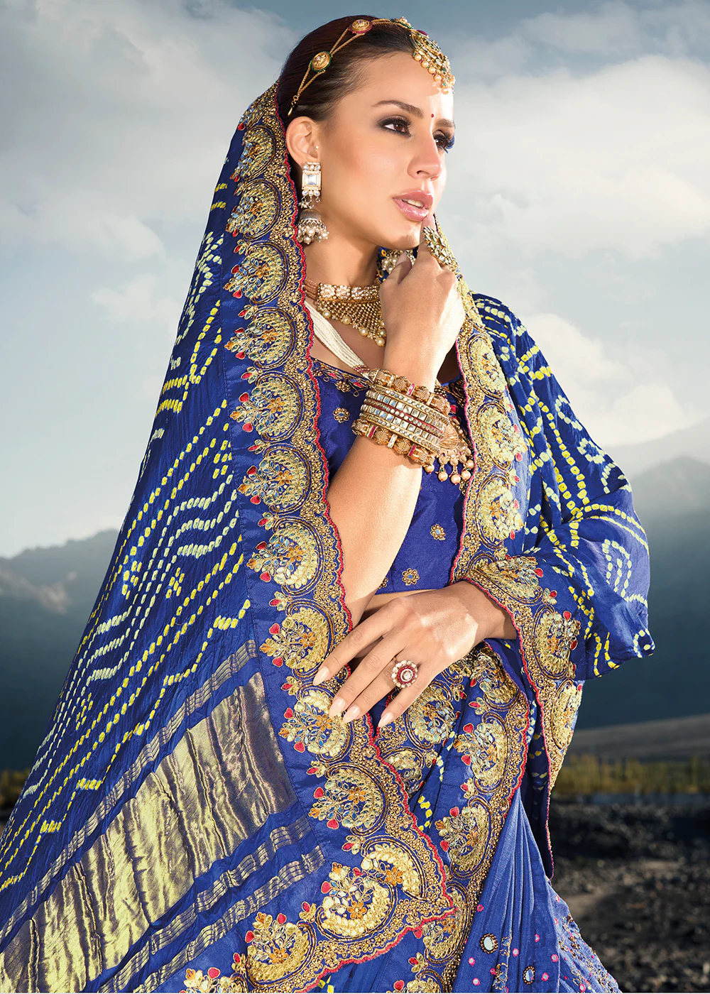 Traditional Blue Embroidered Kachhi Bandhej Sateen Saree - Image 2