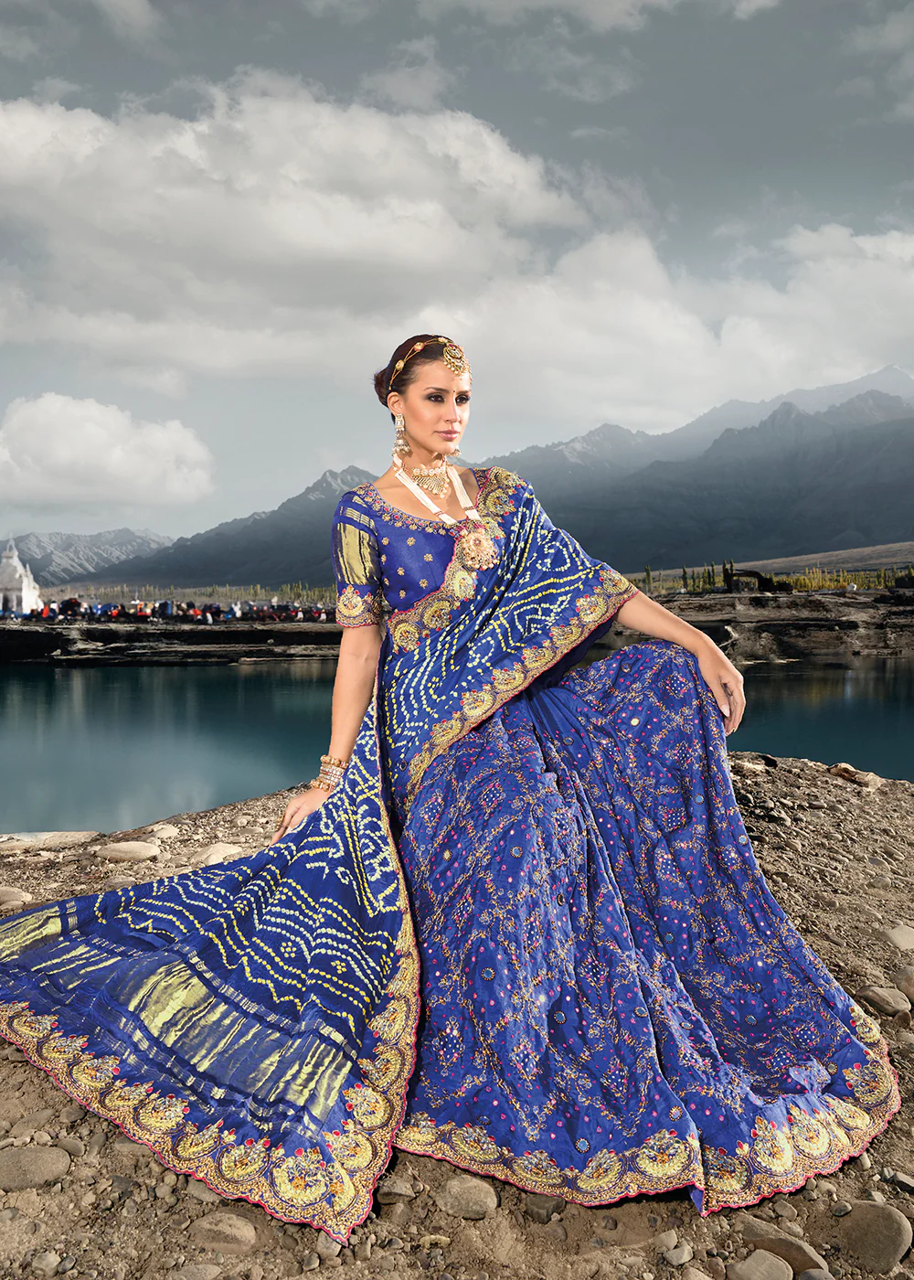 Traditional Blue Embroidered Kachhi Bandhej Sateen Saree - Image 3