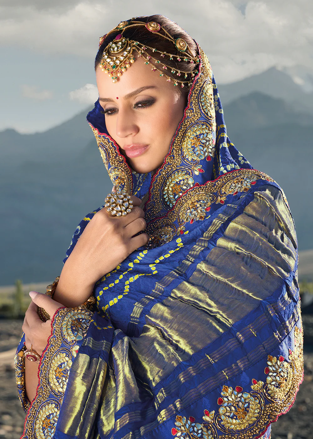 Traditional Blue Embroidered Kachhi Bandhej Sateen Saree - Image 4
