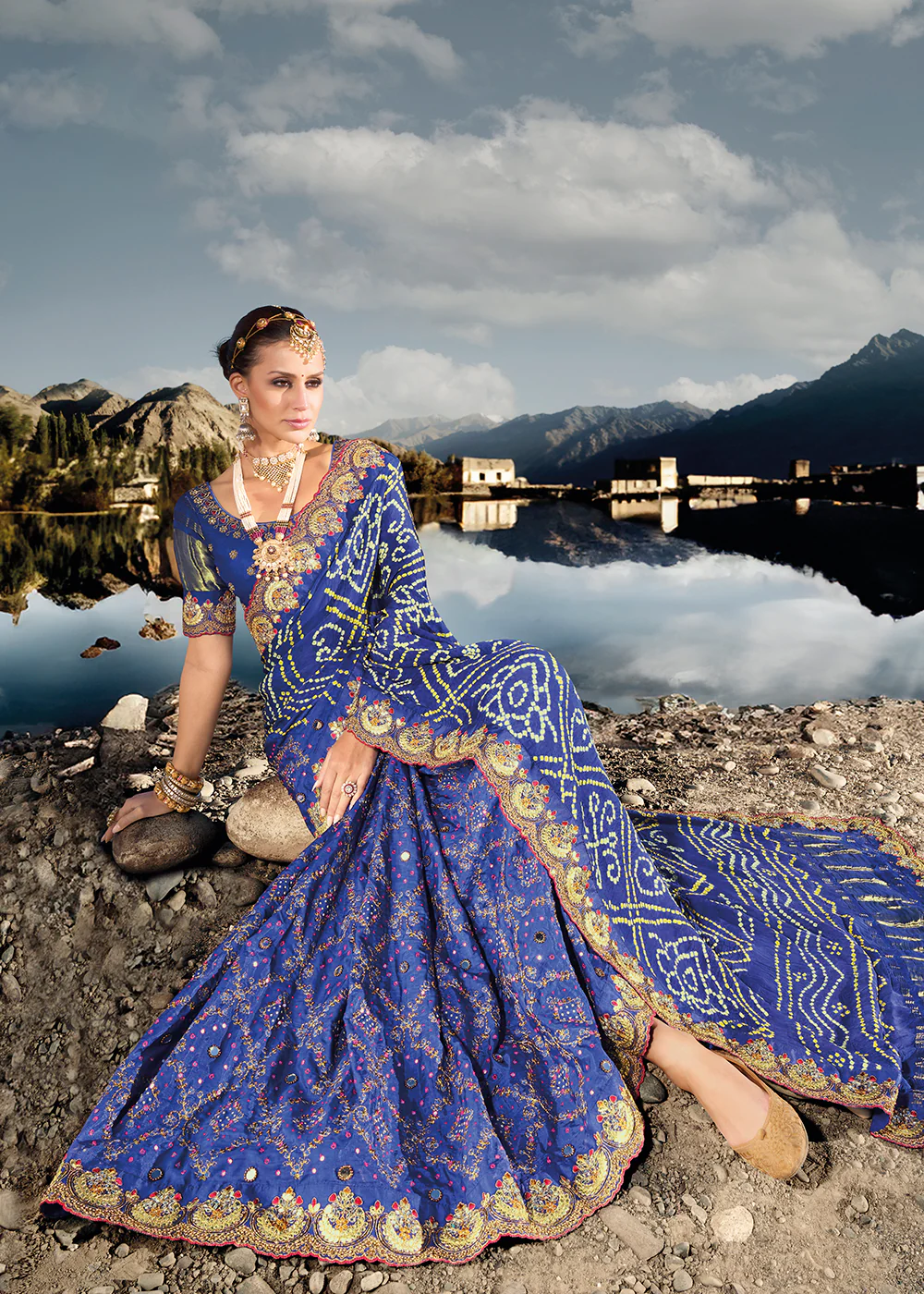 Traditional Blue Embroidered Kachhi Bandhej Sateen Saree - Image 5