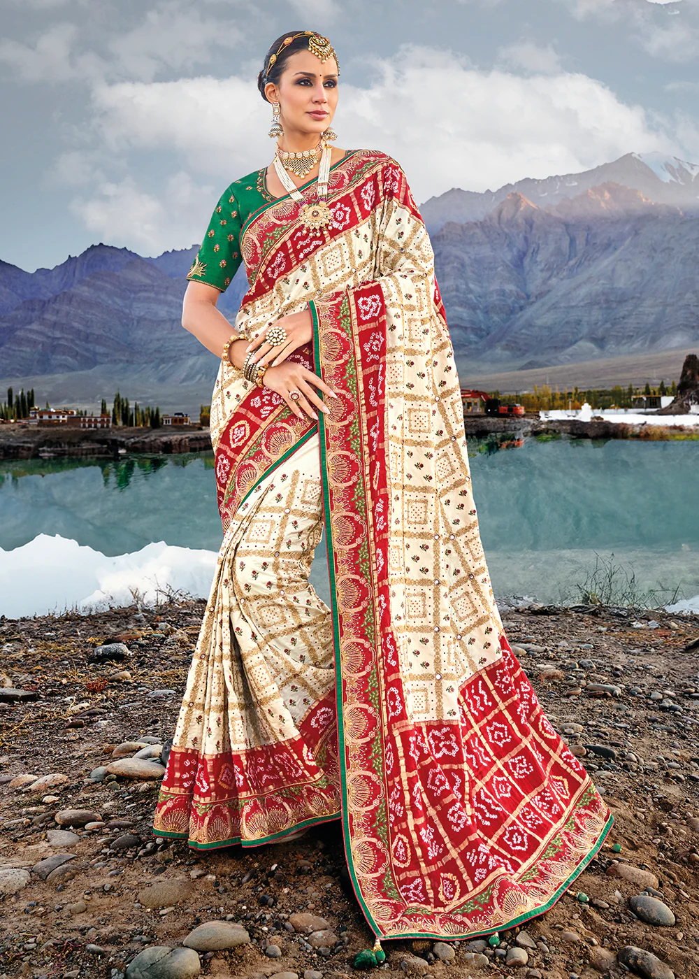 Traditional Cream Embroidered Kachhi Bandhej Sateen Saree