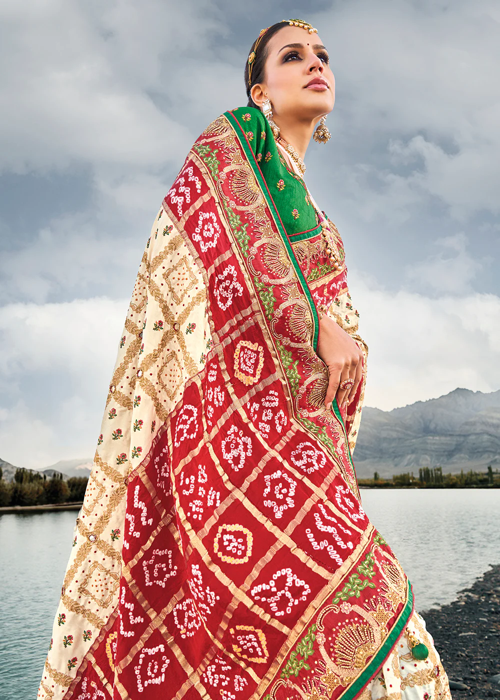 Traditional Cream Embroidered Kachhi Bandhej Sateen Saree - Image 2